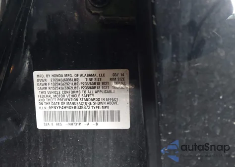 2014 Honda Pilot Touring from USA, damaged, VIN 5FNYF4H9XEB038873